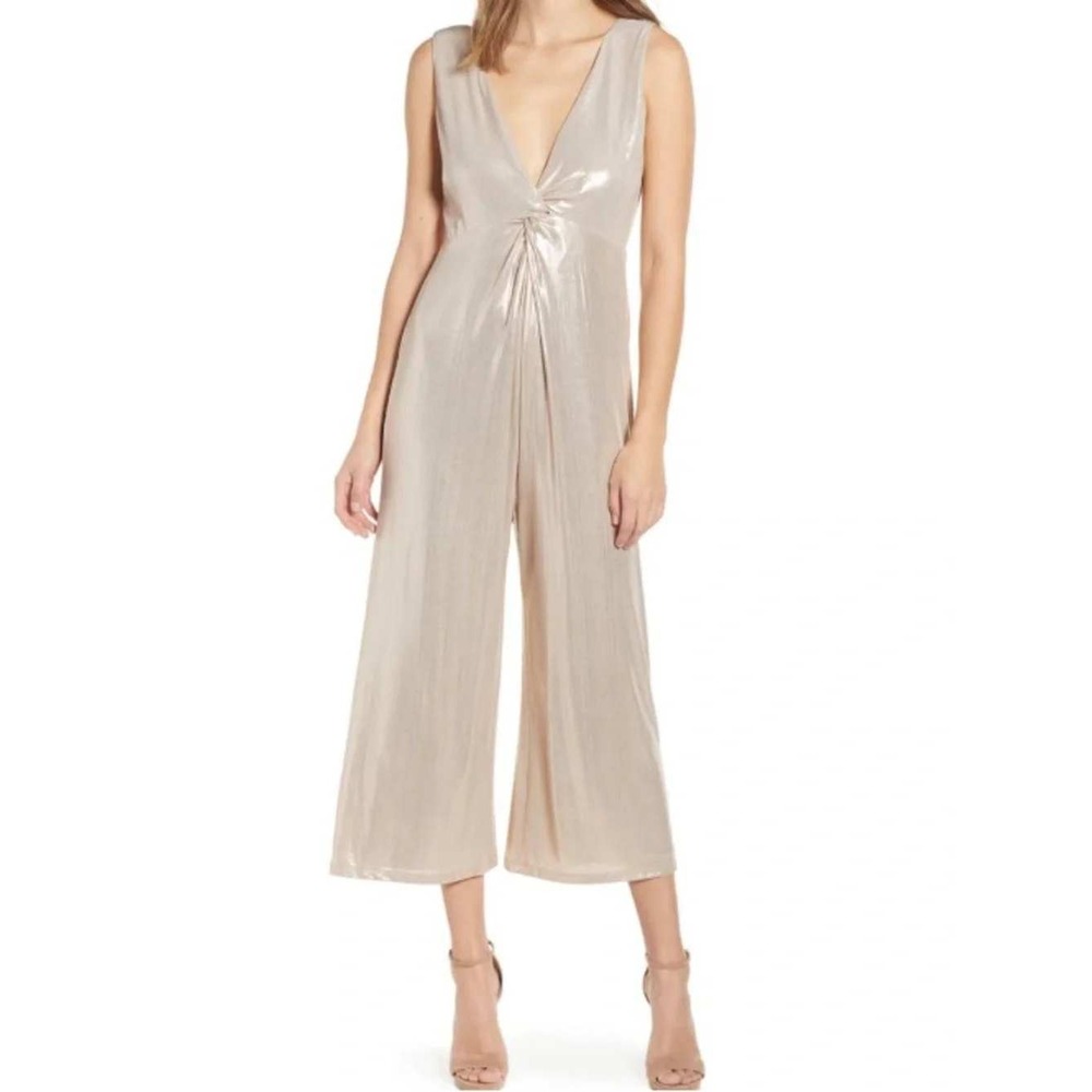 NWT Metallic Champagne Gold Romper Jumpsuit Sleeveless Wide Leg Glam Chic Boho L